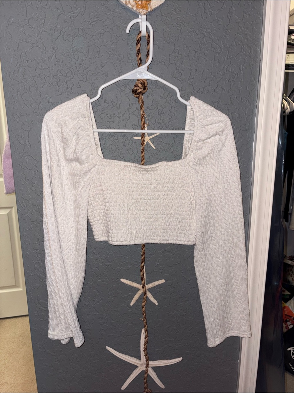 Smocked White Square-Neck Long Sleeve Crop Top